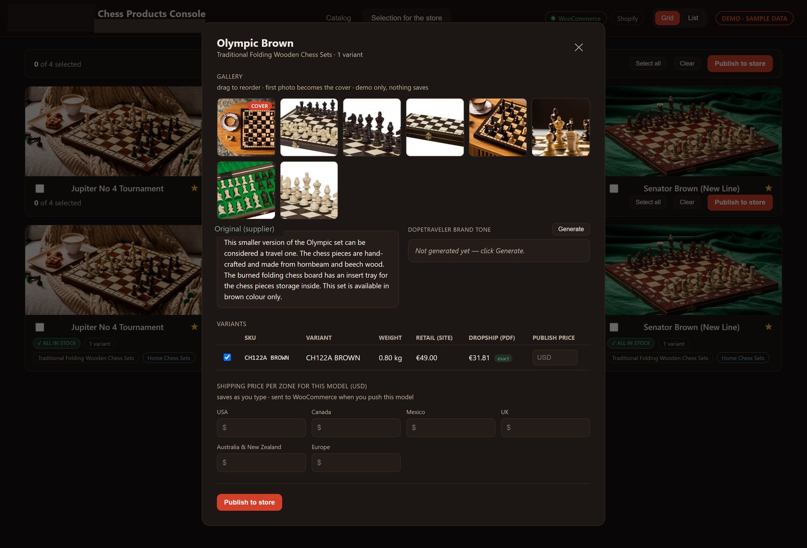 Detalle de un producto: galería, descripciones, variantes y envío por zona